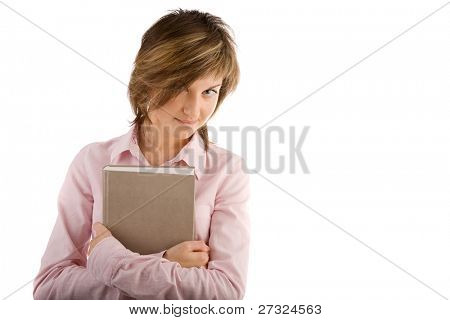giovane ragazza con il libro sul bianco