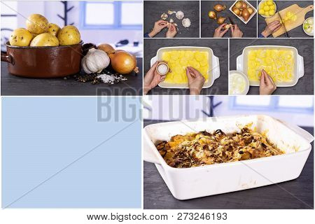 Recipe Step By Step Baked Potatoes With Onion Collage On Grey Stone