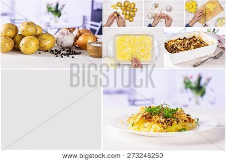 Recipe Step By Step Baked Potatoes With Onion Collage On White Wood