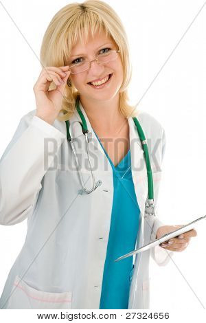 Un bel giovane biondo femmina medico, dentista, infermiere che trasportano archivi medici.