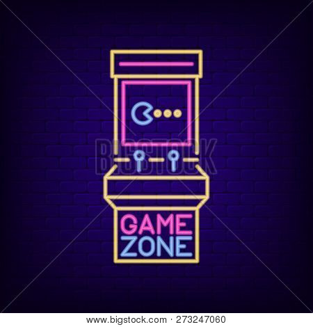 Neon Sign Of Retro Slot Machine. Game Zone Signboard With Night Light Arcade Game Machine. Gaming Ad