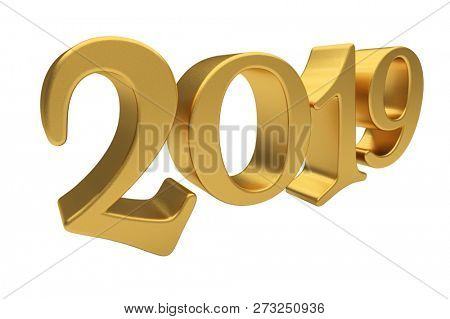 Happy New Year 2019, Golden 3D Numbers, New 2019 Year 3d Text on White Background, Greeting Card Design Template