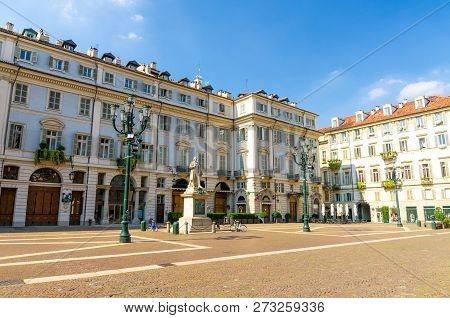 Teatro Carignano Theatre Building, Vincenzo Gioberti Monument And Street Lamps On Piazza Carignano S