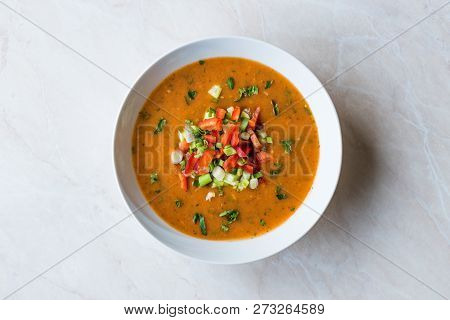 Traditional Konya Bulgur Soup Batirik With Sliced Cucumber, Tomatoes, Onion And Parsley
