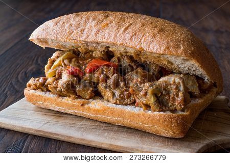 Saute Turkey Meat Sandwich With Ciabatta Bread.