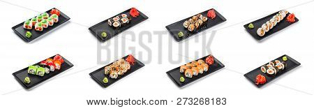 Big Set Of Sushi Roll - Maki Sushi On Black Plate Isolated Over White Background. Japanese Cuisine