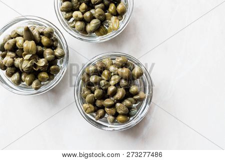 Edible Capers In Glass Bowl Ready To Eat.