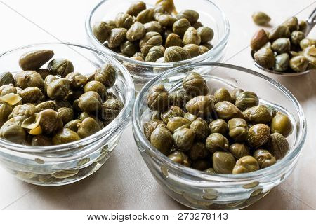 Edible Capers In Glass Bowl Ready To Eat.