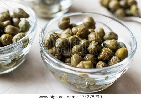 Edible Capers In Glass Bowl Ready To Eat.