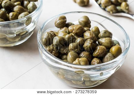 Edible Capers In Glass Bowl Ready To Eat.