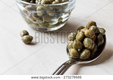Edible Capers In Spoon Ready To Eat.