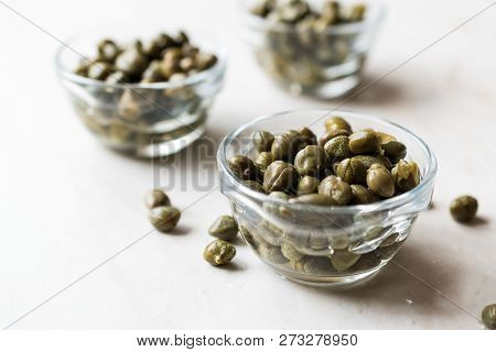 Edible Capers In Glass Bowl Ready To Eat.
