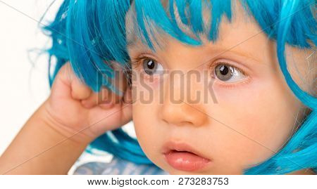 Funky Beauty. Small Child Wear Blue Wig Hair. Small Kid In Fancy Wig Hairstyle. Adorable Little Chil