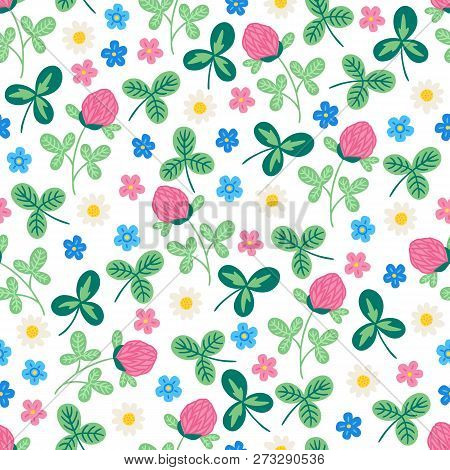 Seamless Floral Pattern With Clower, Chamomile, Blue Flowers On White Background. Perfect For Summer