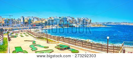 Bugibba, Malta - June 14, 2018: The Small Golf Course For Beginners Located At The Shoreline Of The 