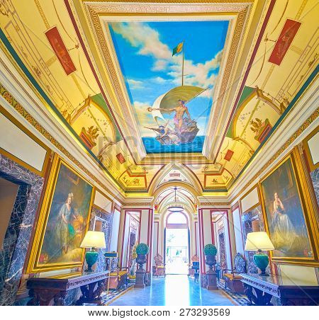 Naxxar, Malta - June 14, 2018: The Beautiful Interior Of Entrance Hall Of Palazzo Parisio With Huge 