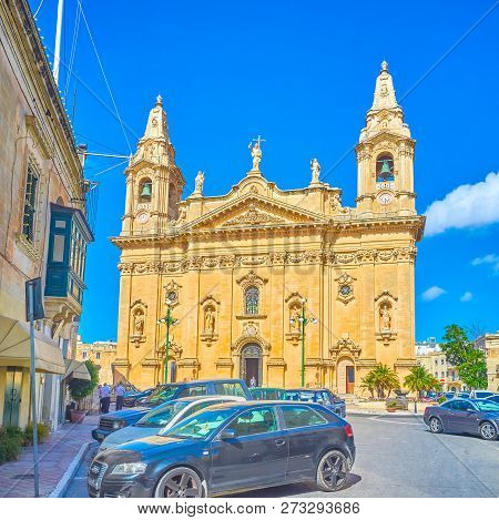 Naxxar, Malta - June 14, 2018: The Parish Church Is The Main Landmark Of The Town And The Most Impre