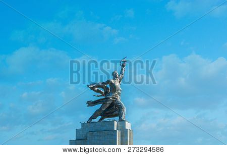 Moscow, Russia - June 29, 2013: The Steel Monument Of Worker And Kolkhoz Woman Is One Of The Main Sy