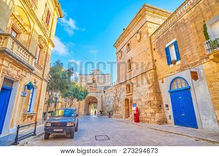 Mdina, Malta - June 14, 2018: The Huge Medieval Tower With Buttresses, Called Torre Dello Standardo,
