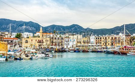 Kirenia Historical City Center, View To Marina With Many Yachts And Boats And Mountains In The Backg