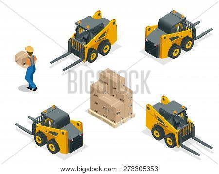 Isometric Vector Forklift Truck Isolated On White. Storage Equipment Icon Set. Forklifts In Various 
