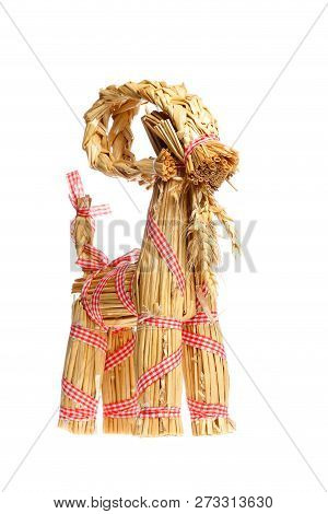 Traditional Christmas Ornament Billy Goat Made Of Straw Isolated On White Background.