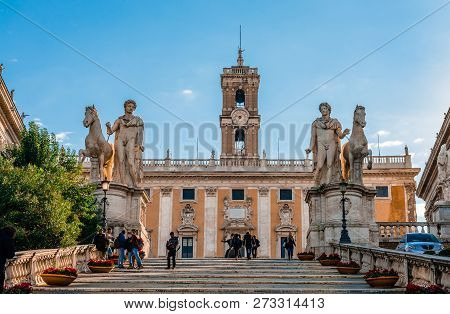 Rome / Italy - December 1 2018: The Capitoline Hill Cordonata, Leading To Piazza Del Campidoglio, Wi