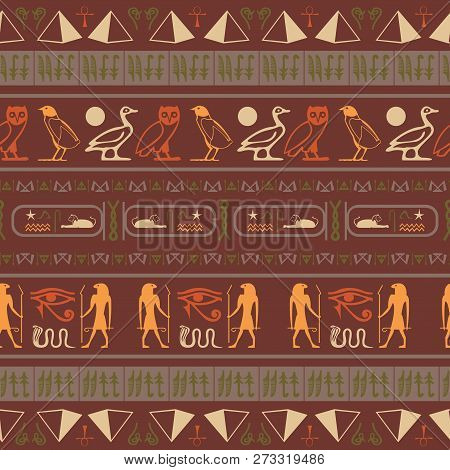 Colorful Egypt Writing Seamless Pattern. Hieroglyphic Egyptian Language Symbols Texture. Repeating E