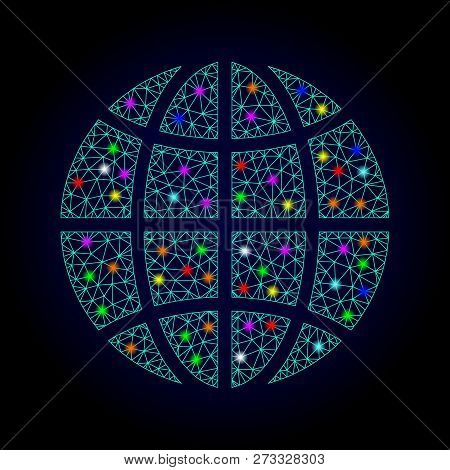 Glossy Polygonal Mesh Globe Icon With Glow Effect On A Dark Background. Carcass Globe Iconic Vector 