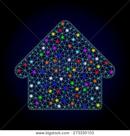 Glossy Polygonal Mesh House Icon With Glow Effect On A Dark Background. Carcass House Iconic Vector 