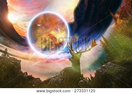 Beautiful Young Dreamy Deer On Dramatic Starry Galaxy Background Looking Into Other Dimensional Worl