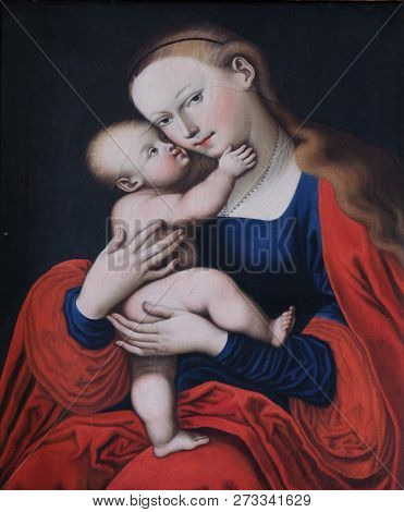 PETSCHIED, ITALY - JULY 14, 2018: Virgin Mary altar in the Saint Nicholas church in Petschied near Luson, Italy