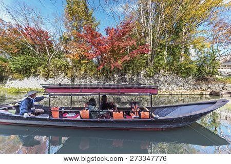 Omi Hachiman, Japan - November 24, 2018 : Japanese-style Boat Takes Tourist Around Hachiman-bori Can