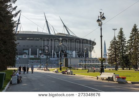 St. Petersburg, Russia - August 10, 2018: Gazprom Arena New Sports Stadium In St. Petersburg