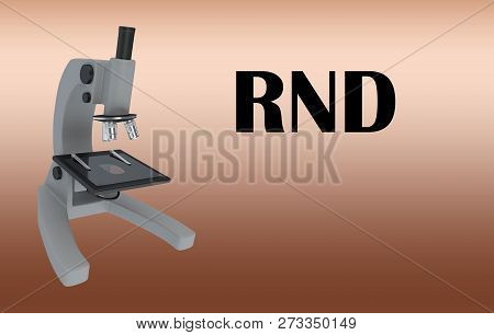3d Illustration Of A Microscope With Rnd Title, Isolated On Pale Brown Gradient.
