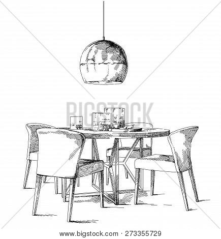 Comfortable Modern Interior Hand Drawing Vector Illustration.