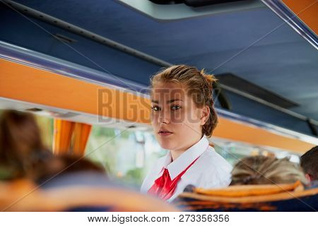 Marmaris, Turkey - May 26, 2018: Female Guide In The Bus With Tourists. People During Travel. Transf