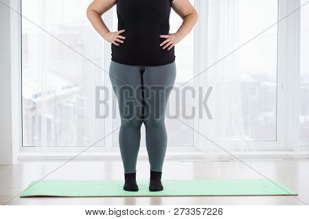 Weight Loss, Fitness, Sport, Exercising, Training And Lifestyle. Young Plus Size Woman Before Home W