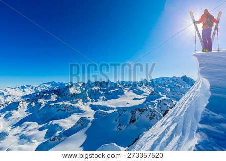 Skitouring with amazing view of swiss famous mountains in beautiful winter powder snow of Alps. 