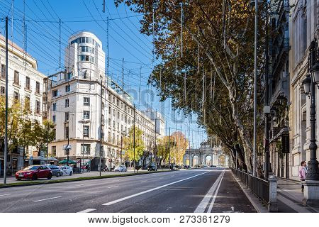Madrid, Spain - December 6, 2018: Alcala Street With Christmas Decoration Near Alcala Gate