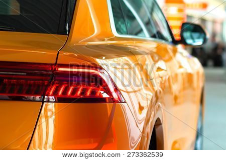 Berlin, Germany - November 21, 2018: Close-up View Car Headlights Modern  Audi Q7 Yellow Color