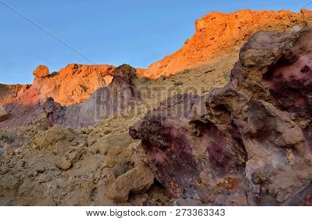 Beautiful Colored Pink And Orange Rocks Of Yeruham Wadi During Sunset,israel,negev Desert