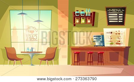 Cartoon Cafe With Window - Cozy Interior With Coffee Machine, Table. Wooden Furniture For Cafeteria 