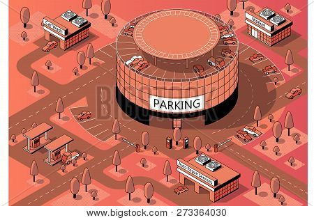 3d Isometric Territory For Cars With Round Multi-storey Parking. Vehicles On Covered Building, Urban