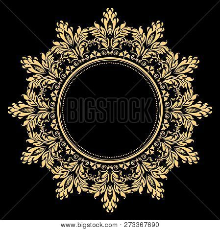 Vintage Round Frame In Retro Style, Barroco. Flower Decorative Gold Ornament, Element For Greeting C