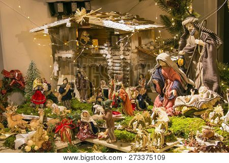 Christmas Nativity Scene At The Traditional Christkindlmarkt Of Salsburg In Austria