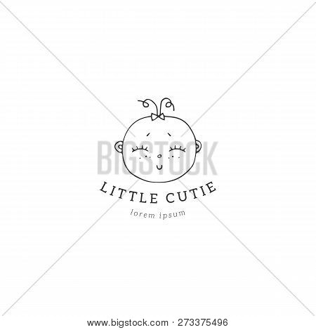 Hand Drawn Premade Logo Template. Cute Girls Face. Element For Children Related Business Branding An