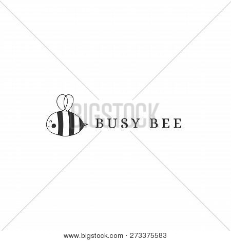 Vector Premade Hand Drawn Logo Template With Bee Silhouette. Black On White Symbol. Element For Chil