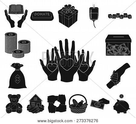 Charity And Donation Black Icons In Set Collection For Design. Material Aid Vector Symbol Stock Web 
