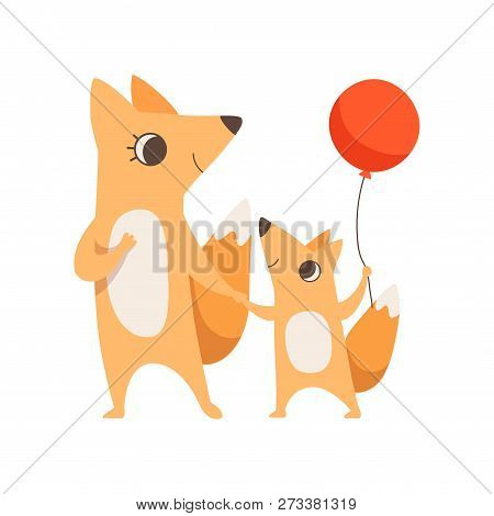 Loving Mother Fox And Her Little Baby Holding Hands, Fox Cub With Red Balloon, Animal Family, Parent